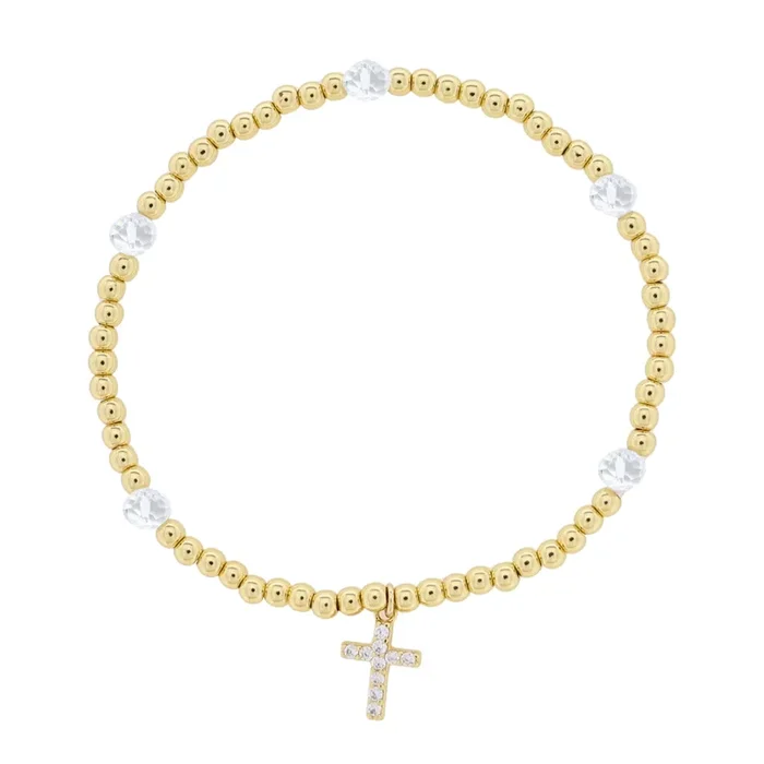 Jane Marie Kids 18K Gold Plated Gold & Clear Beaded Stretch Bracelet with Clear Crystal Cross