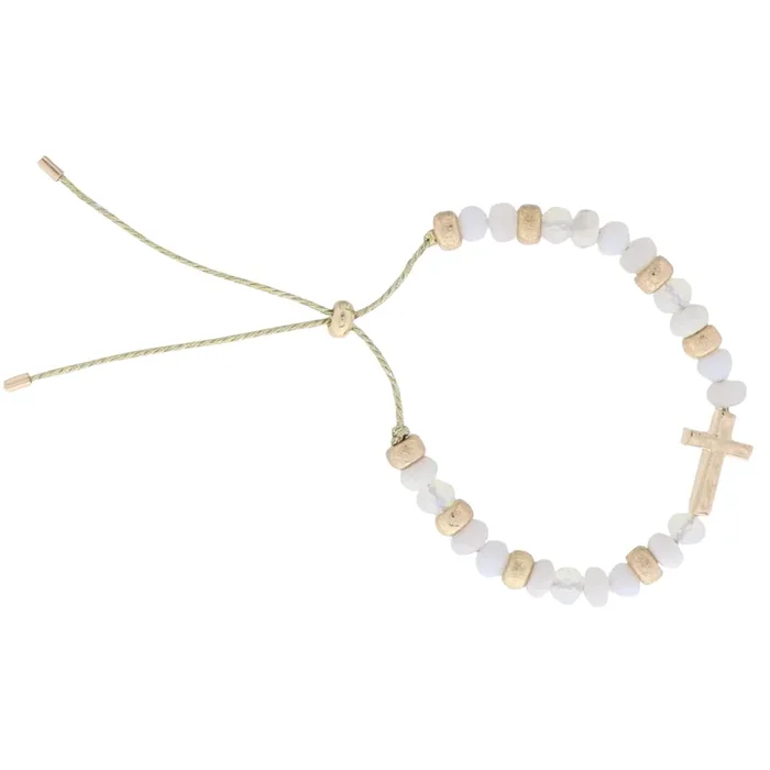 Jane Marie Kids White Semi Precious, Faceted Beaded Bracelet with Gold Cross