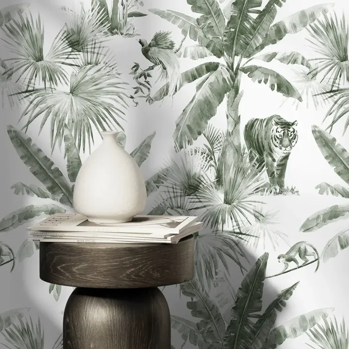 Jungle Wallpaper With A Watercolor Tiger And Palm Trees In Sage Green – D646