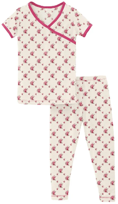 KicKee Pants Short Sleeve Kimono Pajama Set – Natural Rose Trellis, 4T