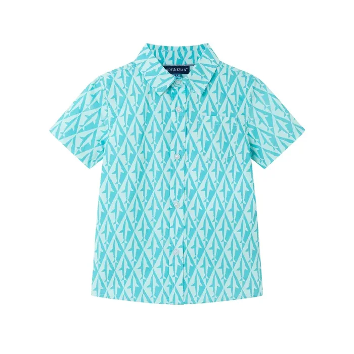 Kids (2-8) Geo Shark Short Sleeve Buttondown | Aqua