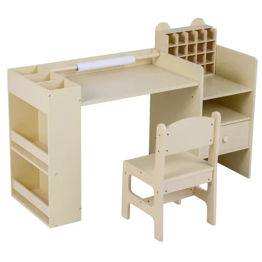 Kids Art Table and Chair Set With Detachable Paper Roll Holder and Cabinet-Natural