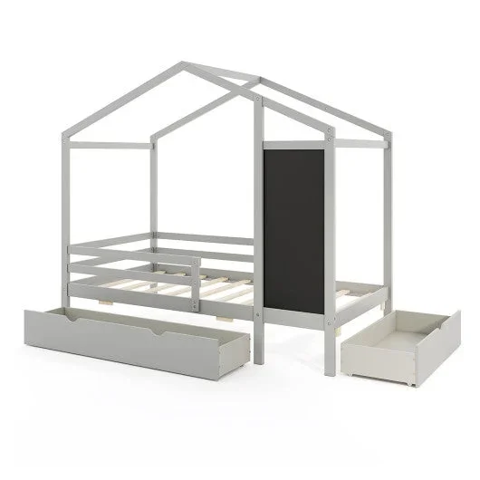 Kids Twin Size Bed With 2 Drawers Solid Wood Bed With Blackboard-Gray