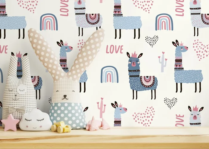 Kids Wallpaper With Cute Llamas And Rainbows In Blue, Pink, And Black – D118
