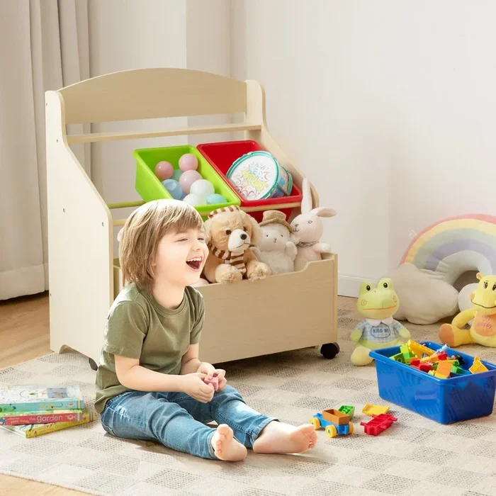 Kids Wooden Toy Storage Unit Organizer With Rolling Toy Box and Plastic Bins-Natural