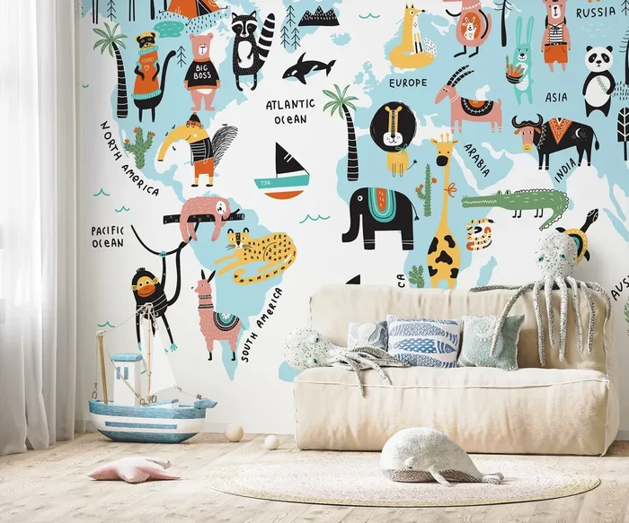 Kids World Map Wallpaper With Illustrated Animals In Blue, Black, And Orange – D491