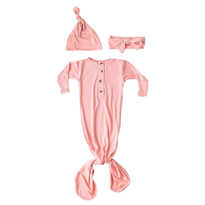 Knotted Baby Gown And Hat Set With Headband – Pink (newborn-3 Months)