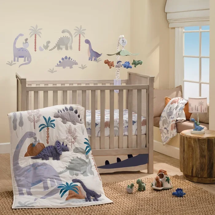 Lambs & Ivy Dino-Might 3-Piece Crib Bedding Set – Blue/Gray