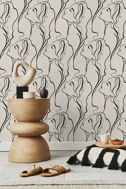 Line Art Wallpaper Featuring Elegant Face Silhouettes In Black And Beige – D383