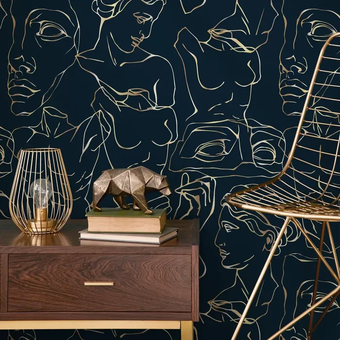 Line Art Wallpaper With Classical Greek Figures In Navy And Gold – C459