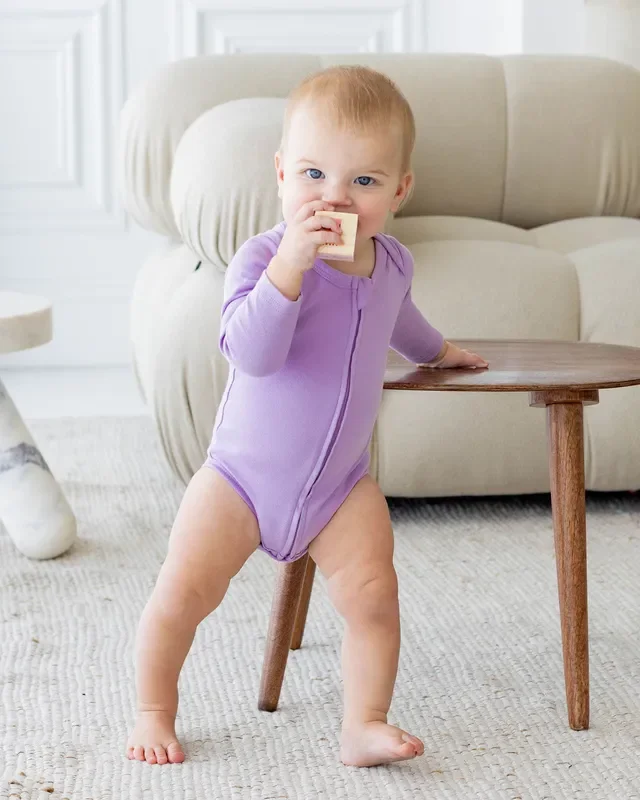 Long Sleeve Zipper Bodysuit In Lilac, 0-3m