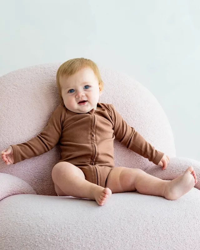 Long Sleeve Zipper Bodysuit In Mocha, 0-3m