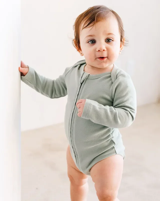 Long Sleeve Zipper Bodysuit In Sage, 0-3m