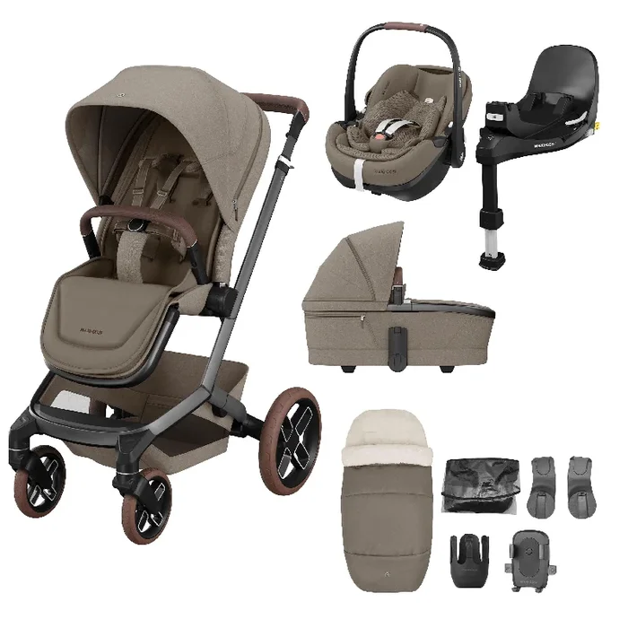 Maxi Cosi FAME 10 Piece Premium Bundle – Twillic Truffle (with Brown Wheels)