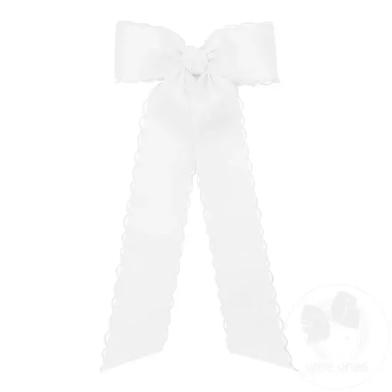 Medium Grosgrain Bowtie with Matching Moonstitch Edge, Knot Wrap and Streamer Tails- White