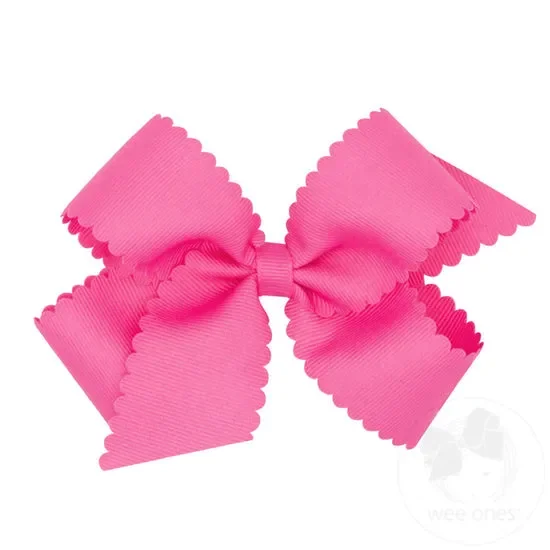 Medium Grosgrain Hair Bow with Scalloped Edge- Hot Pink