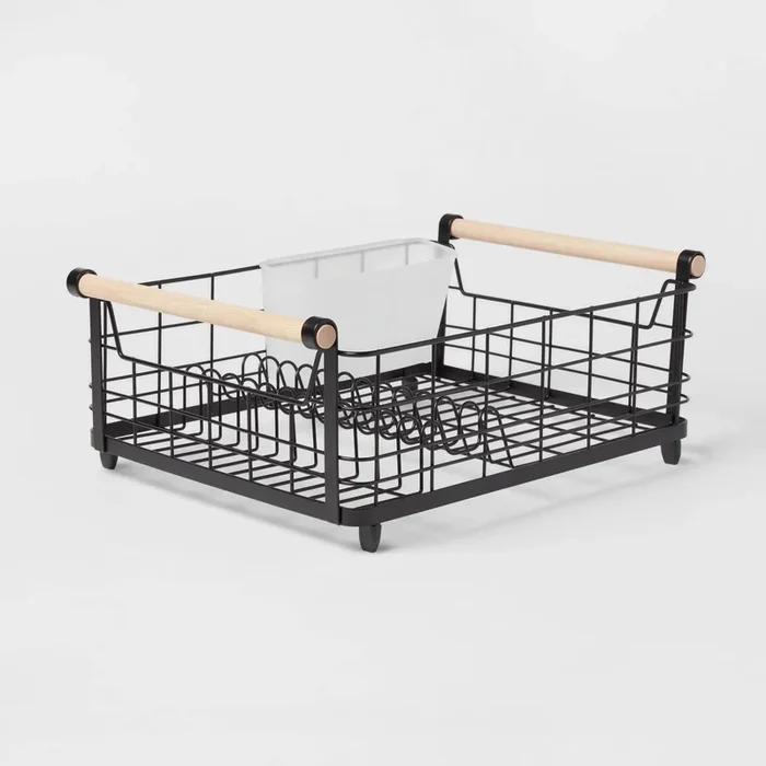 Metal Dish Rack with Powder Coated Finish and Rubber Wood Handles Black