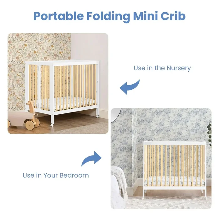 Mia Portable Folding Mini Crib with 1.5″ Mattress – Bianca White/Natural