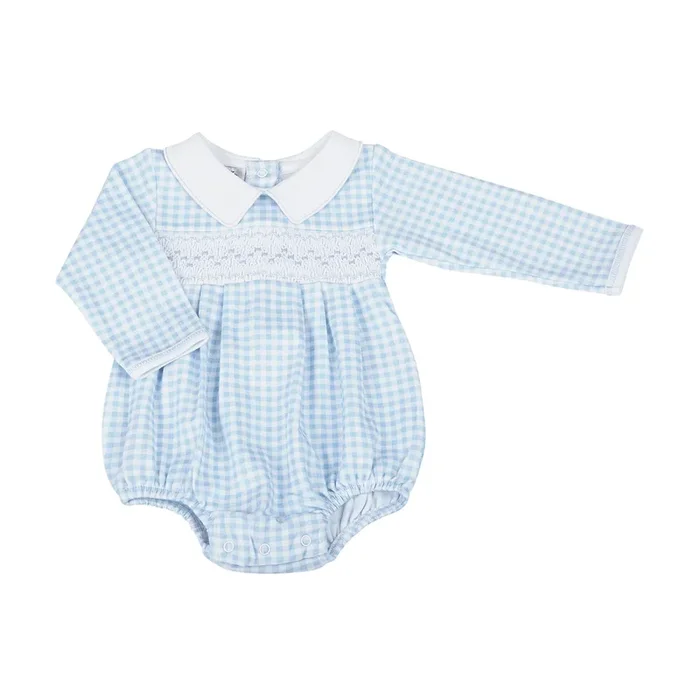Mini Checks Smocked Collared Bubble | Blue