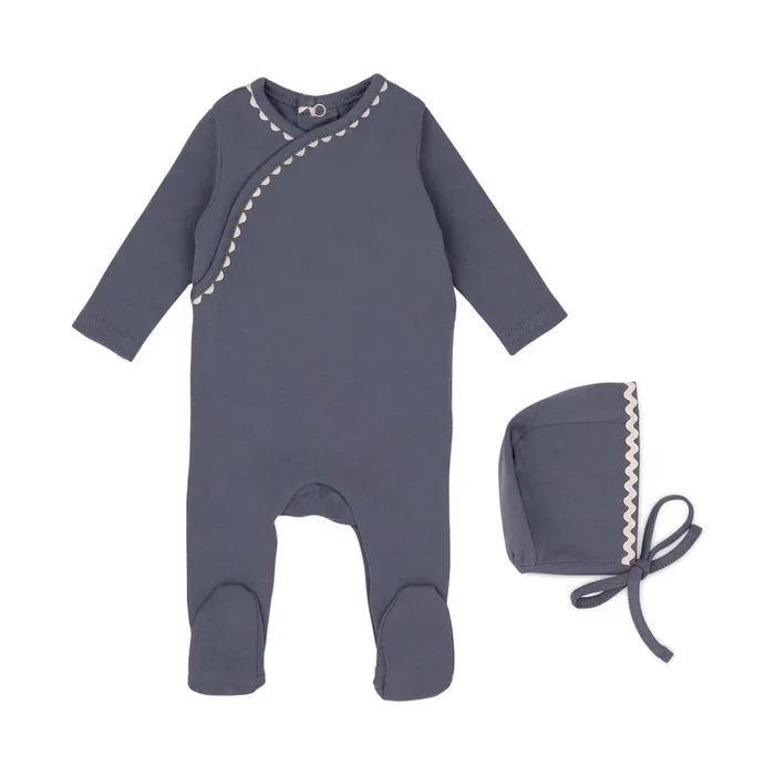 Mini Label Ric Rac Boys Footie and Hat- White on Blue