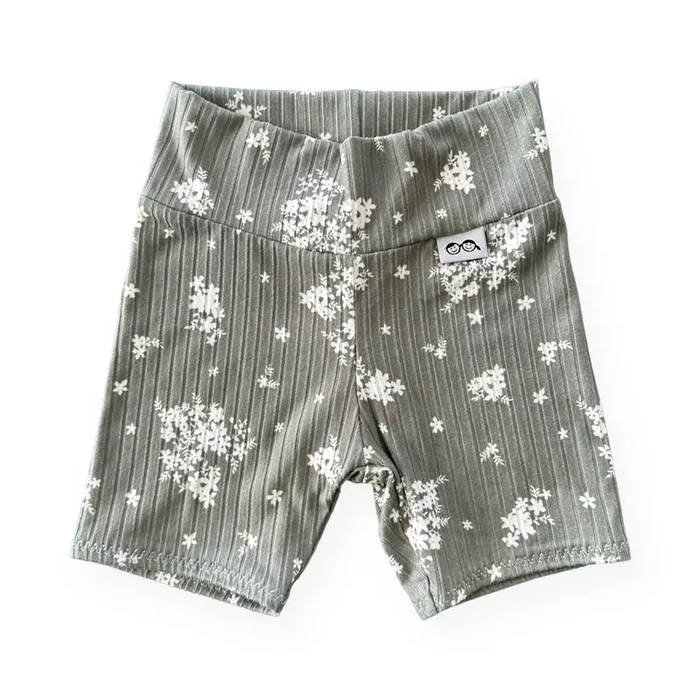Minimal Floral Olive Ribbed Biker Shorts