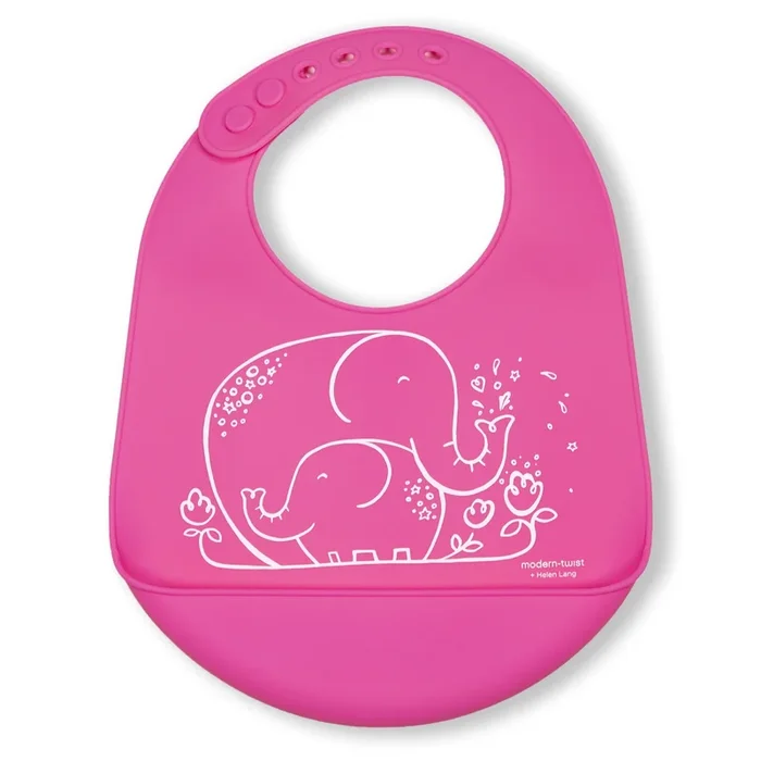 Modern Twist Silicone Catch Bib – Elephant Hugs / Candy Pink