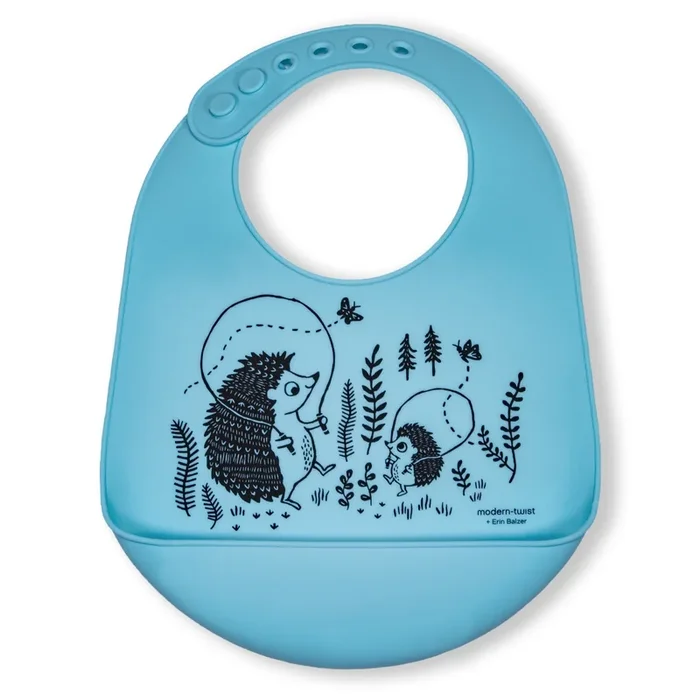 Modern Twist Silicone Catch Bib – Hedgehog Family / Cornflower