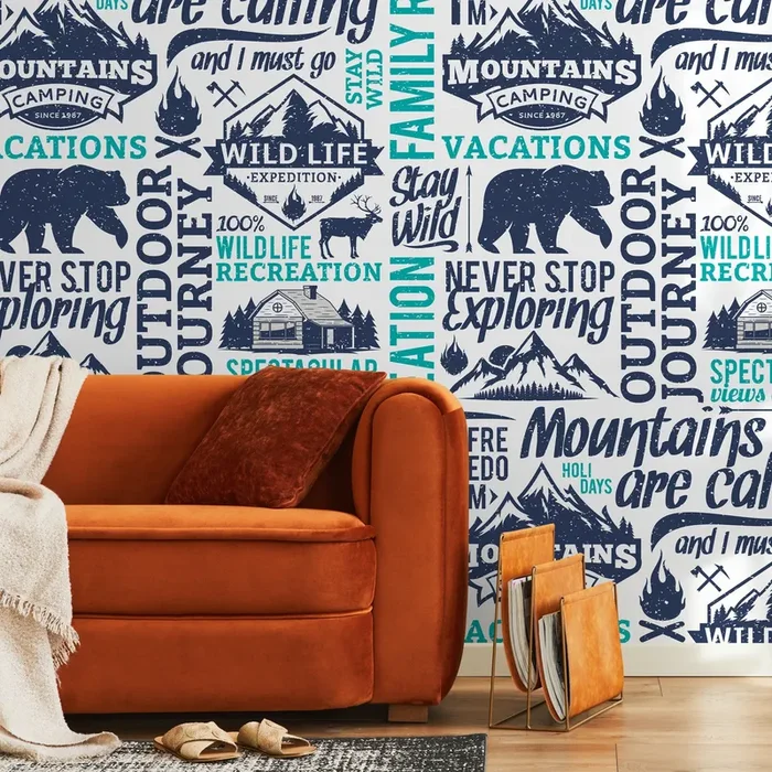 Modern Typography Wallpaper With A Rustic Outdoor Theme In Navy Blue And Teal – D938