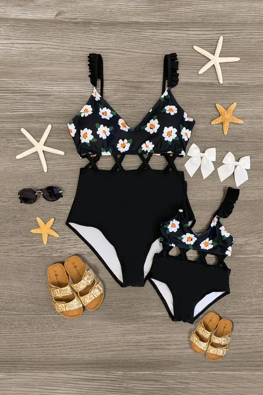Mom & Me – Black Floral Criss-Cross One Piece Swimsuit