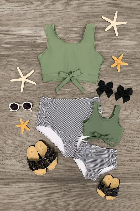 Mom & Me – Olive Green Striped Bikini