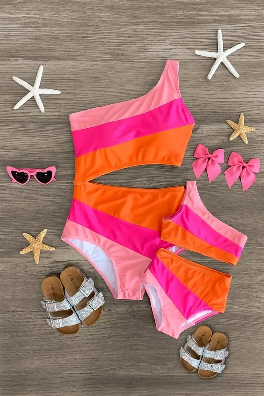 Mom & Me – Pink & Orange Striped Swimsuit
