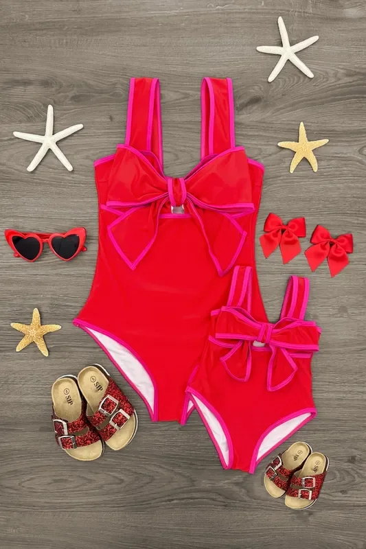 Mom & Me – Red Bow One Piece Swimsuit