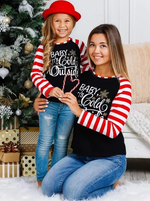 Mommy and Me Baby It’s Cold Outside Striped Raglan Top