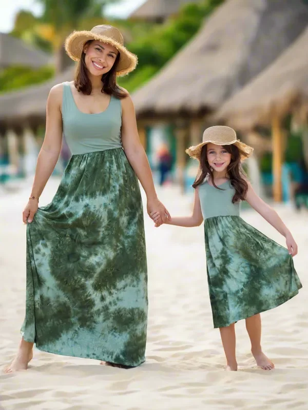 Mommy and Me Botanical Glow Green Tie-Dye Maxi Dress