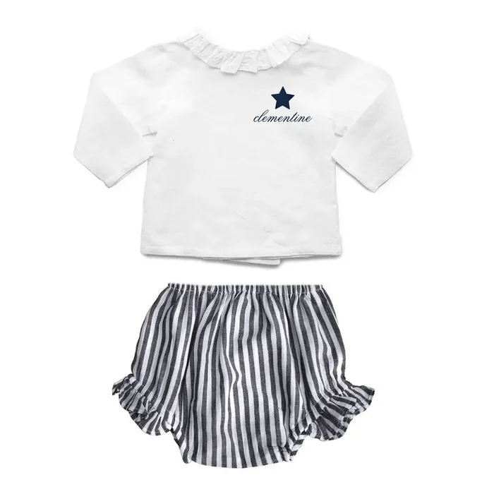 Monogrammed Gift Set | Double Button Blouse And Harbor Island Stripe Frill Bloomer