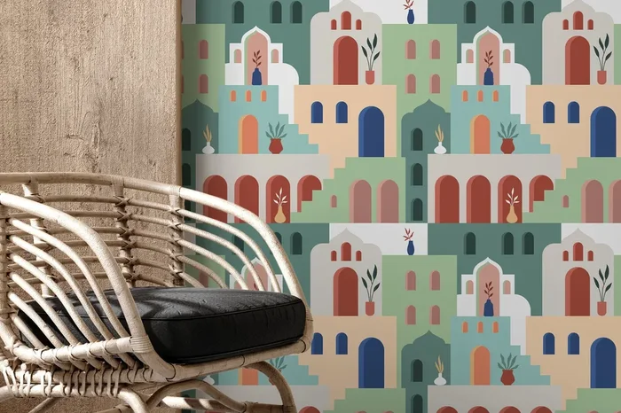Moroccan Wallpaper With A Stylized Village Scene In Green, Beige, And Terracotta – D204