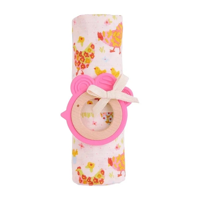 Mud Pie Pink Farm Swaddle & Teether Set