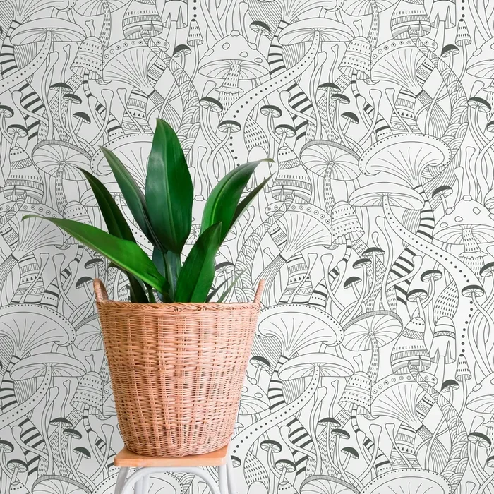 Mushroom Wallpaper With A Modern Line Art Motif In Green – D812