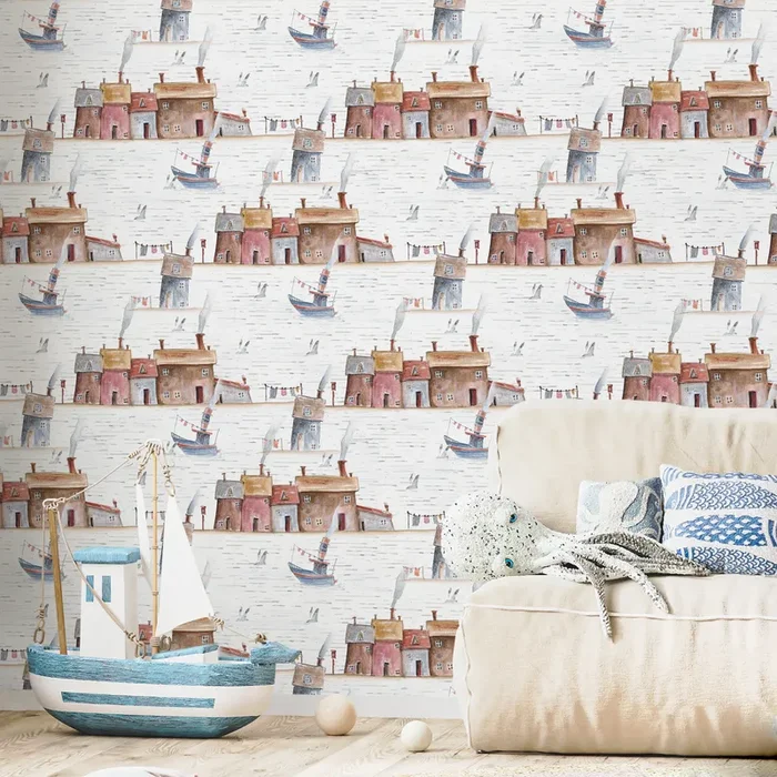 Nautical Wallpaper With A Watercolor Seaside Village In Brown, Red, And Blue – A376