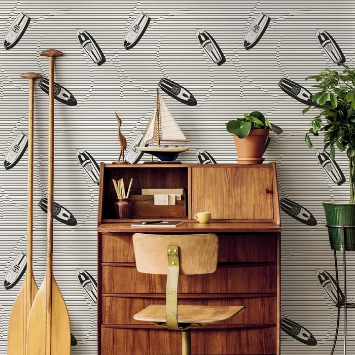 Nautical Wallpaper With Speedboats And Wavy Lines In Black And White – C334
