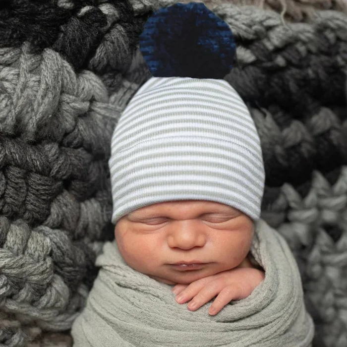Navy Pom Newborn Grey & White Stripe Hospital Hat