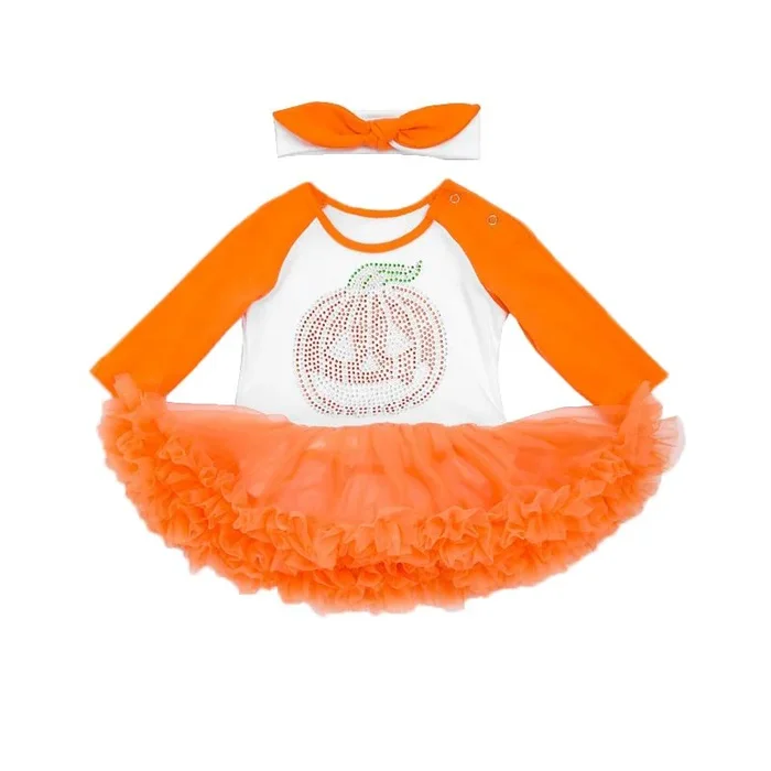 Newborn Girl Halloween Costume For Kids Toddler Sequins Pumpkin Rompers Headband 2pcs Suit Newborn Lace Party Sets Girls Clothes