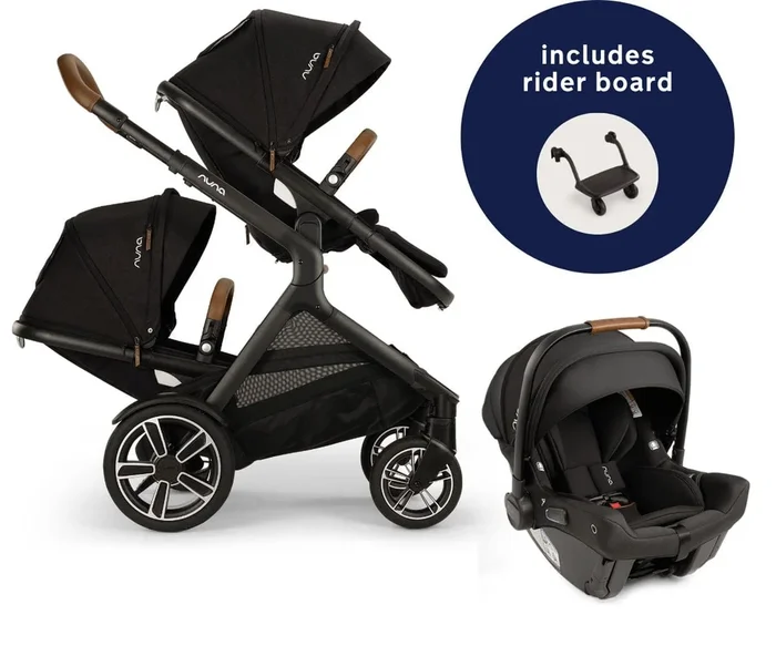 Nuna DEMI Next Double Stroller with Rider Board + PIPA urbn Travel System Bundle – Caviar