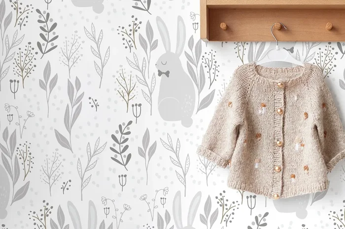 Nursery Wallpaper With A Bunny And Botanical Motif In Gray And Brown – D125