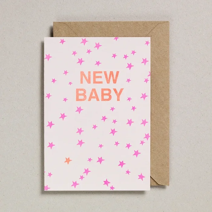 Orange & Neon Pink Star New Baby Card