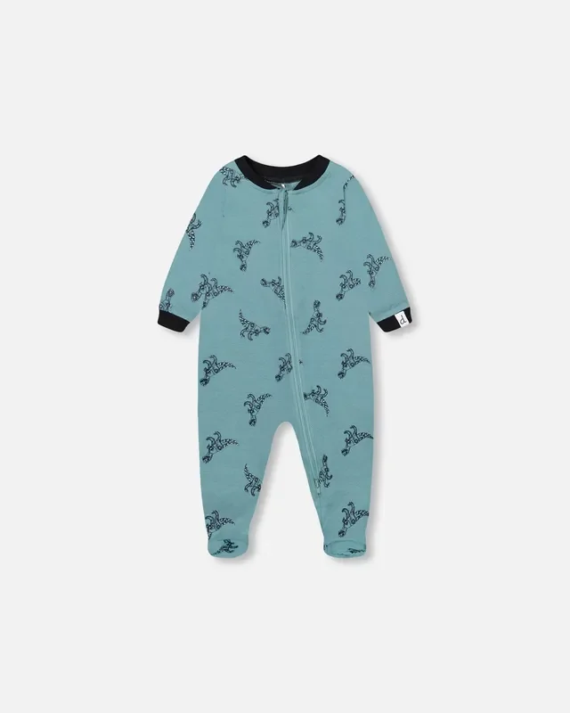 Organic Cotton One Piece Pajama Teal With Mechanical Dinosaurs Print