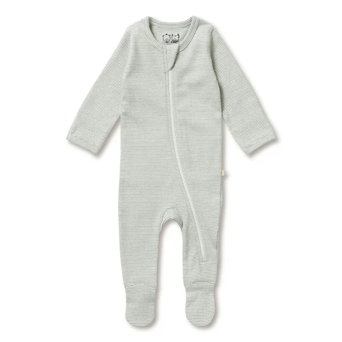 Organic Stripe Rib Zipsuit with Feet – Fern