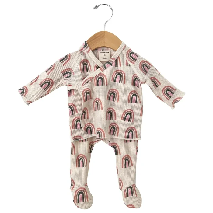 Organic Waffle Kimono Top, Pant & Knot Headband Set-Pink Rainbow