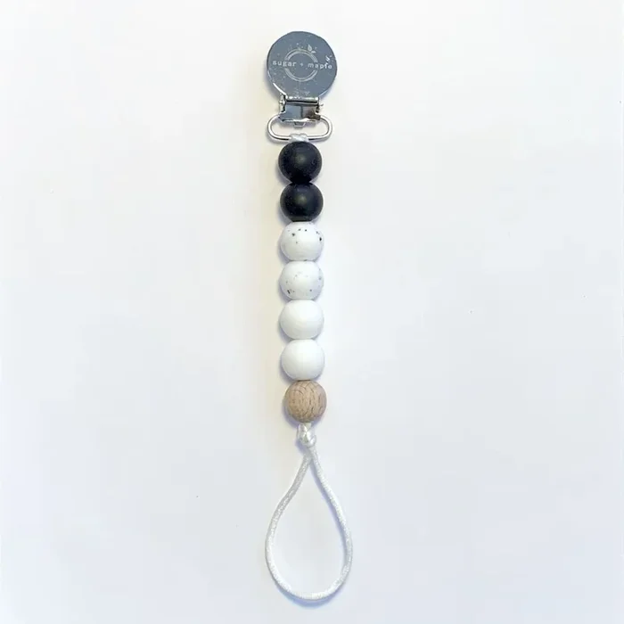 Pacifier + Teether Clip- Silicone with 1 Beechwood Bead – Black, Granite & White