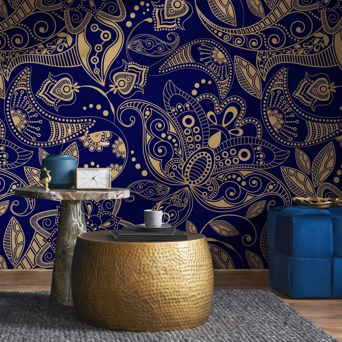 Paisley Wallpaper With An Intricate Ornamental Motif In Blue And Gold – A898